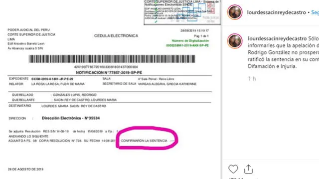Lourdes Sacín informó que la apelación de Rodrigo González no prosperó. (Foto: Instagram)