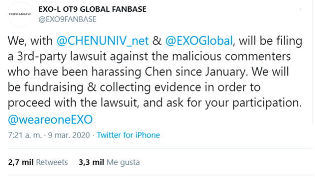 Anuncio en Twitter sobre la coalición de tres fanbases para proteger al vocalista de EXO, Chen.  9 de marzo, 2020.