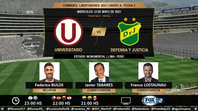 Universitario vs Defensa y Justicia por Fox Sports 2. Foto: Puntaje Ideal/Twitter