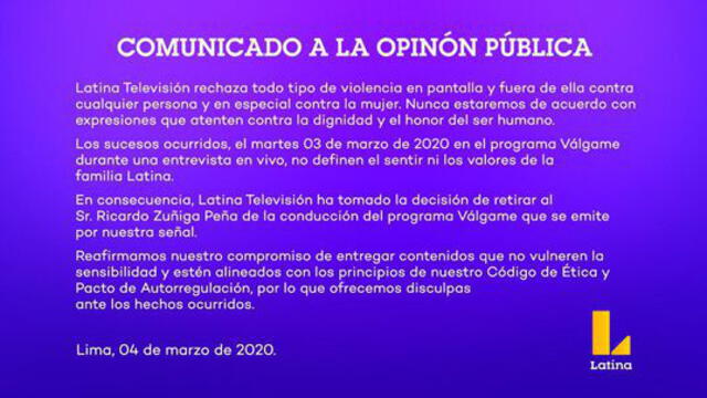 Latina emite comunicado sobre Ricardo Zúñiga