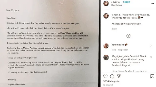 Publicación de la carta en el Instagram de Sara Verkuilen.