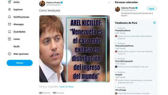 Federico Pinedo publicó una imagen falsa sobre Axel Kicillof. Captura: Twitter.