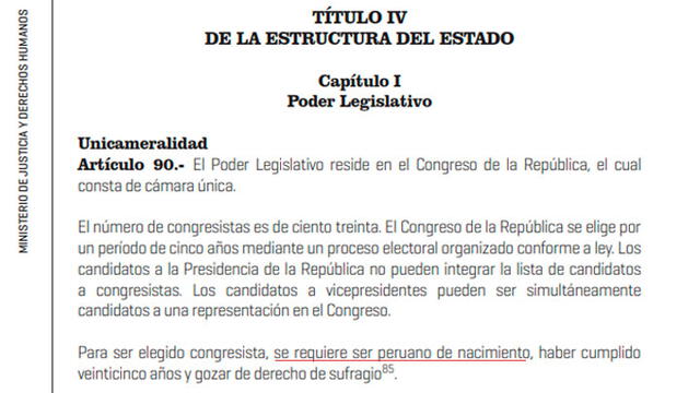 Título 4, capítulo 1, artículo 90 establece que los candidatos al Congreso deben ser peruanos de nacimiento.