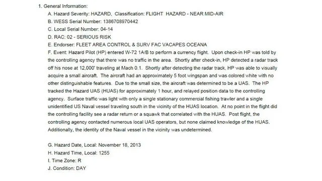 Informe del Pentágono sobre el incidente ocurrido en noviembre de 2013. Fuente: The Drive.