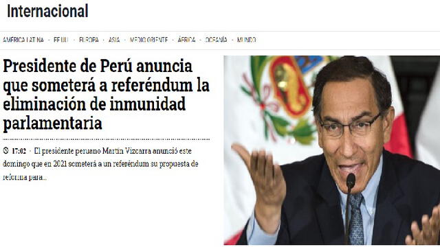 Titular de Bio Bio: Presidente de Perú anuncia que someterá a referéndum la eliminación de inmunidad parlamentaria. Foto: captura web.