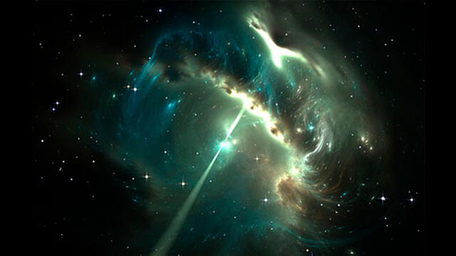 Representación de un púlsar, una estrella que gira velozmente creado chorros de energía. Foto: Difusión.
