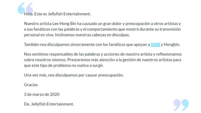 Traducción de la disculpa publicada por Jellyfish Entertainment  del grupo K-pop VIXX, en su cuenta de Twitter. 1 de marzo del 2020. [Captura: Soompi]