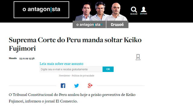 O Antagonista de Brasil informó sobre liberación de Keiko Fujimori. Foto: Captura