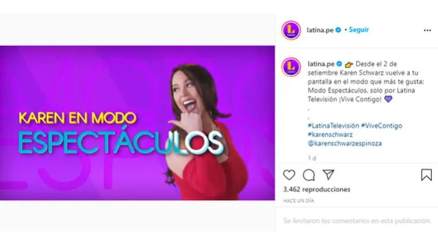 Karen Schwarz vuelve a Latina con Modo Espectáculos. Foto: captura Instagram