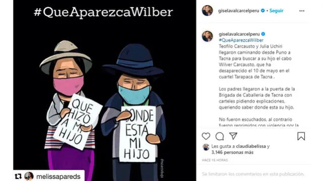 Gisela Valcárcel pidió ayuda para poder encontrar a Wilber Carcausto, el soldado quien desapareció hace varios días en Tacna.