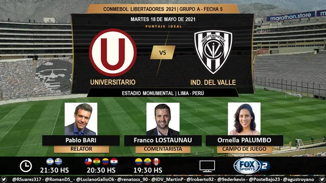 Universitario vs Independiente del Valle por Fox Sports 2. Foto: Puntaje Ideal/Twitter