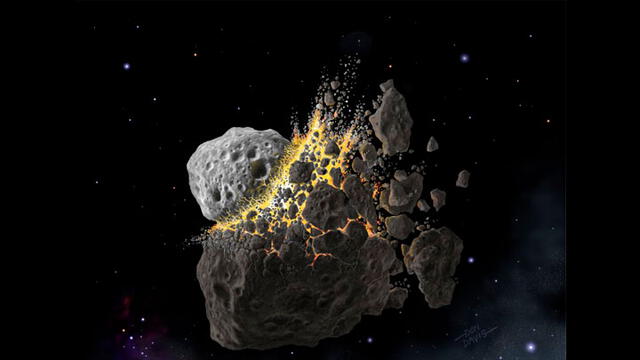 Representación de la colisión del asteroide con otro objeto rocoso (otro asteroide o un cometa). Imagen: Southwest Research Institute.