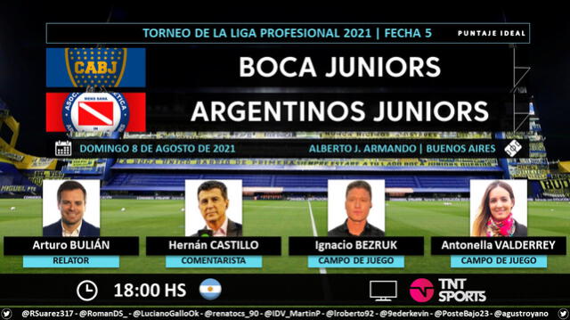 Boca Juniors vs Argentinos Juniors vía TNT Sports. Foto: Puntaje Ideal/Twitter