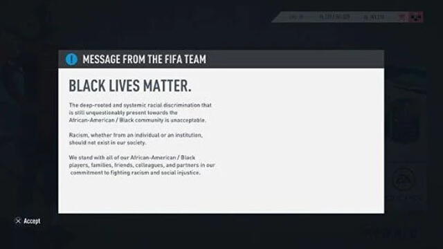 EA Sports ha publicado un mensaje en FIFA 20 apoyando al movimiento Black Lives Matter.