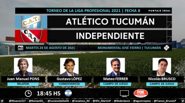 Atlético Tucumán vs Independiente por Fox Sports Premium. Foto: Puntaje Ideal/Twitter