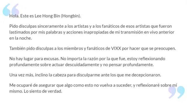 Traducción de la disculpa publicada por Hongbin del grupo K-pop VIXX, en su cuenta de Instagram. El 1 de marzo del 2020. [Captura: Soompi]