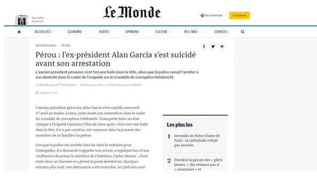 Alan García: suicidio de exmandatario es noticia a nivel mundial