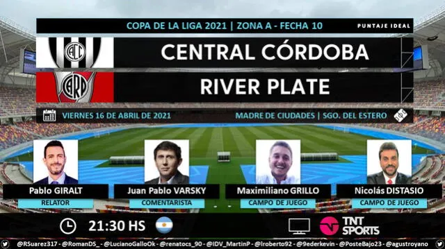 Central Córdoba vs River Plate por TNT Sports. Foto: Puntaje Ideal/Twitter