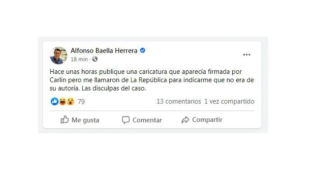 Alfonso Baella se rectifica sobre publicación falsa de Carlín. Foto: captura de pantalla / Facebook Alfonso Baella