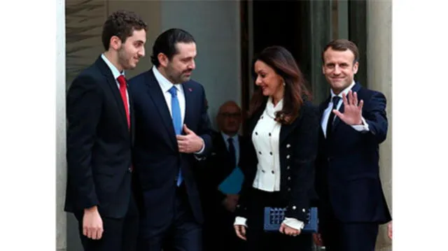 Hariri junto a uno de sus hijos (i), su esposa y el presidente francés Emmanuel Macron en 2017. Foto: Agencia Anadolu, vía Getty Images
