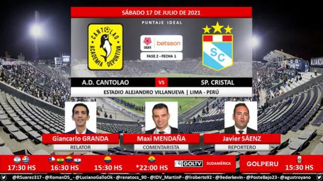 Comentaristas del Sporting Cristal vs. Cantolao. Foto: Puntaje Ideal