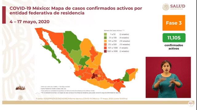 Mapa de casos acumulados activos por entidad federativa en México. (Foto: Captura)