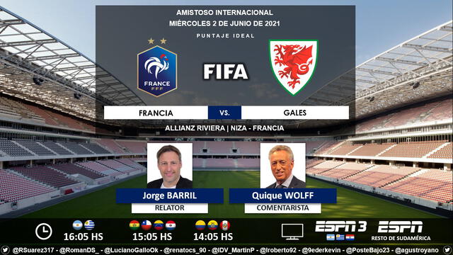 Francia vs Gales por ESPN. Foto: Puntaje Ideal/Twitter