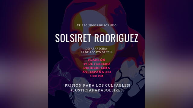Protestarán frente a Dirincri durante interrogación a dos principales sospechosos de la desaparición de Solsiret Rodríguez. Créditos: Mujeres Desaparecidas Perú.