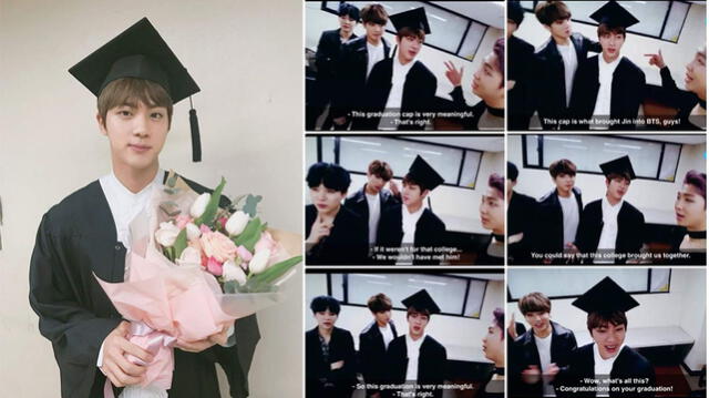 Jin no pudo asistir a su ceremonia de graduación, pero celebró junto a sus miembros en el backstage de los Gaon Charts Awards en el 2017