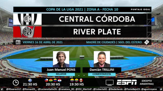 Central Córdoba vs River Plate por ESPN. Foto: Puntaje Ideal/Twitter