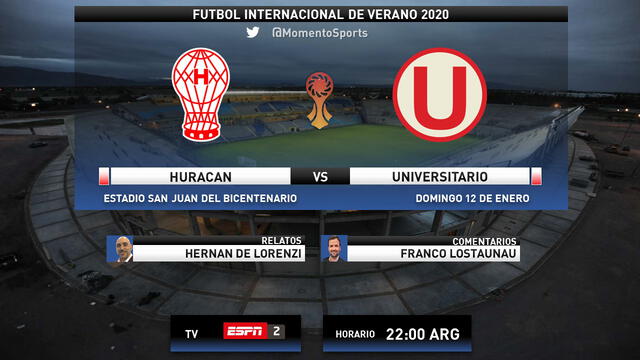 Canal de transmisión del partido amistoso Universitario vs. Huracán.