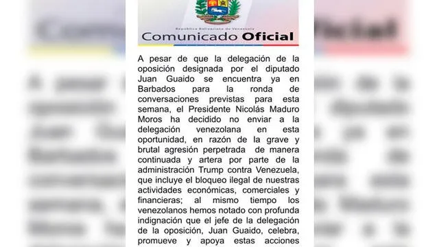 Comunicado del régimen de Nicolás Maduro sobre la continuidad del díalogo con la oposición de Venezuela en Barbados. Foto: Twitter