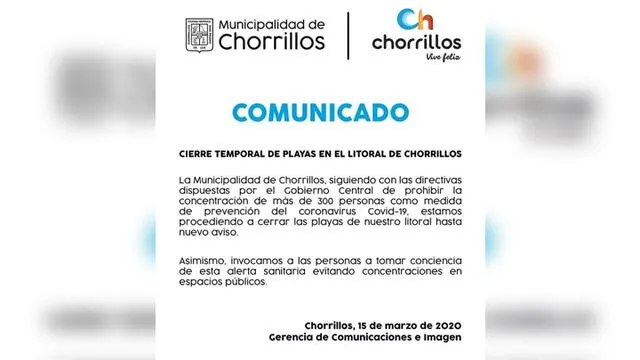Municipalidad de Chorrillos. Coronavirus en Perú.