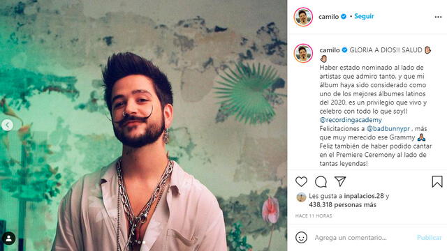 Camilo se pronuncia en redes sociales sobre su participación en los premios Grammy 2021. Foto Camilo Instagram