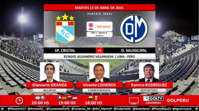 Sporting Cristal vs Deportivo Municipal por Gol Perú. Foto: Puntaje Ideal PE/Twitter