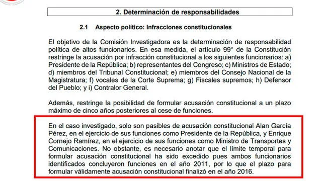 El informe explica por qué no se puede realizar una acusación constitucional a García Pérez.