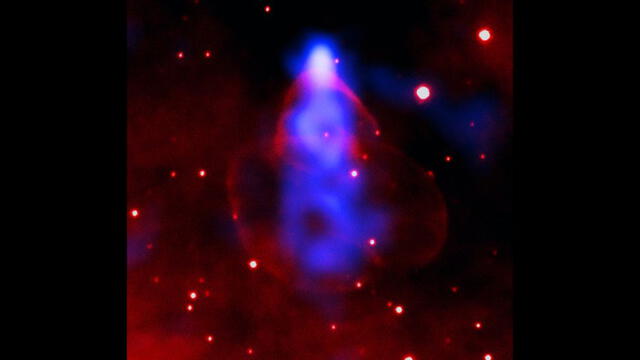 Esta imagen muestra dónde se crean los rayos X por las partículas que vuelan alrededor del púlsar. Foto: rayos X: NASA / CXC / Stanford Univ. / M. de Vries; Óptica: NSF / AURA / Gemini Consortium