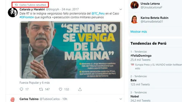 Carlos Tubino respaldó tweet sobre el fallo del TC (2017)