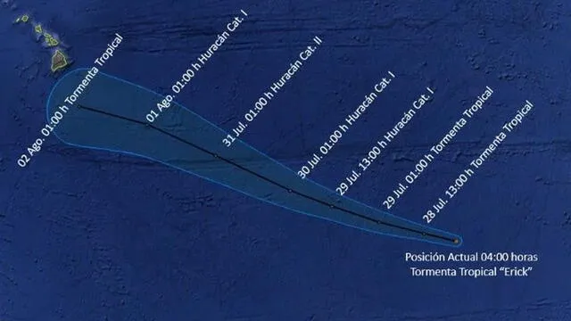 Según el Centro Nacional de Huracanes de Estados Unidos, la tormenta Erick tiene ruta prevista hacia el archipiélago de Hawai. Foto: La Verdad.