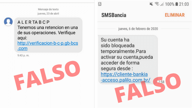 Izquierda: mensaje falso sobre el BCP. Derecha: SMS similar sobre Bankia, en España.