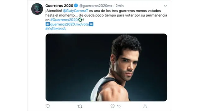 Guty Carrera a punto de ser eliminado en Guerreros 2020. Foto: captura Twitter