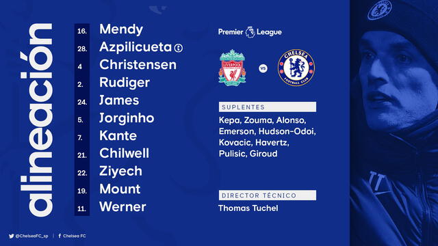 Alineación del Chelsea para enfrentar al Liverpool.