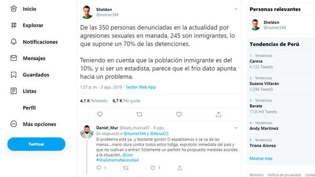 Tweet viral que responsabiliza a los inmigrantes de las violaciones grupales.