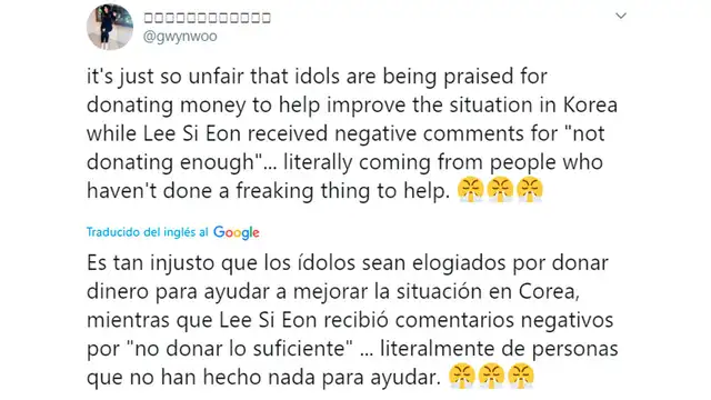 Lee Si Eon criticado por donativo