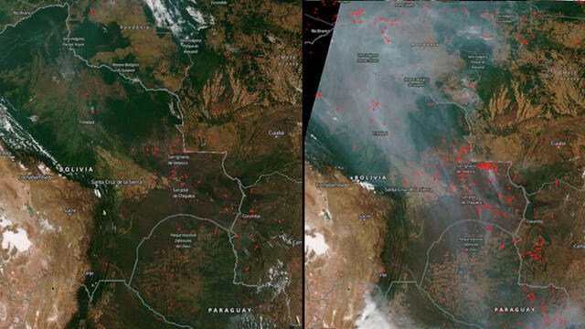 Focos de incendio del 30 de julio (izquierda) y del 17 de agosto (derecha). Earthdata/NASA.