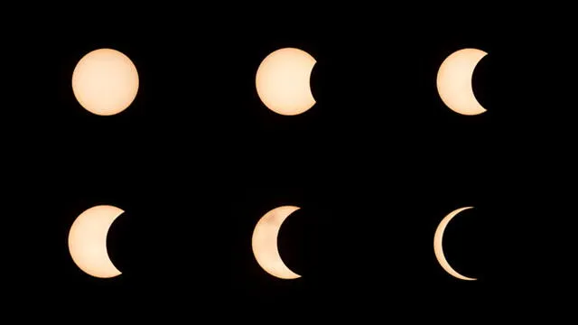 Esta combinación de imágenes creadas el 21 de junio de 2020 muestra la luna moviéndose frente al sol durante un eclipse solar anular como se ve en Hong Kong.