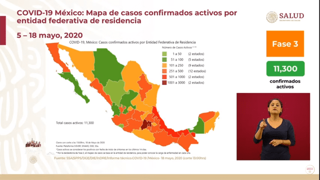 Mapa de casos acumulados activos de coronavirus en México. (Foto: Captura)