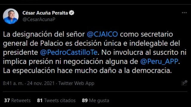 César Acuña escribió un tweet sobre la designación del señor Carlos Jaico como secretario general de Palacio. Foto: Captura Twitter.