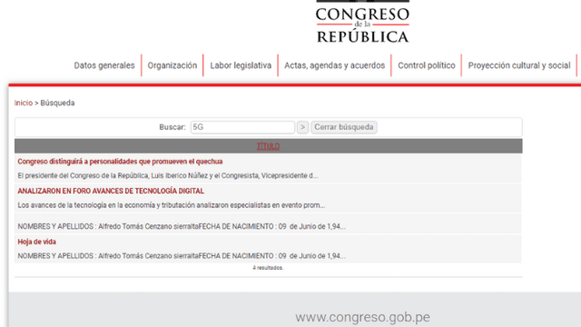 Búsqueda en el portal del Congreso de la República.