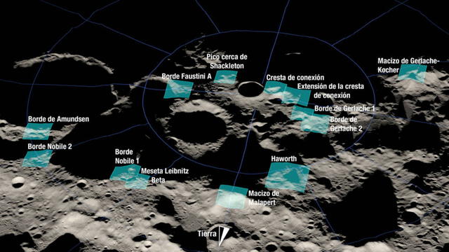 Las 13 regiones identificadas para el aterrizaje de la misión Artemis III están ubicadas cerca al polo sur lunar. Foto: NASA